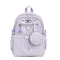 Vue rapprochée du sac à dos d'école à pois mauves avec une jolie petite pochette ronde. - Violet