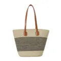 Detailed view of stylish straw woven striped tote bag with comfortable brown leather handles. - Black Stripes (Style 3)