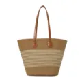Woven straw tote bag detail showing striped pattern and brown leather handle texture. - Beige Khaki Stripes (Style 4)