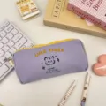 Cute purple canvas pencil case with yellow zipper, aesthetic student stationery pouch. - Purple