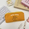 Cute yellow canvas pencil case with tiger print, simple stationery storage bag and portable cosmetic pouch. - Orange