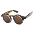 Vintage steampunk flip-up round sunglasses with tortoise shell frame and gold metal accents. - Leopard Frame Tea Lens C3