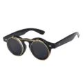 Vintage Steampunk Flip-Up Round Sunglasses Black Gold Metal Frame Retro Eyewear Style - Glossy Black Frame Black Lens C1