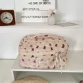 Pink quilted travel cosmetic bag detail, cute bear print makeup storage pouch with handle. - Brown Zoo