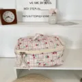 Quilted cosmetic bag with pink plaid and floral pattern, portable large capacity travel makeup bag. - Pink Plaid Small Flower