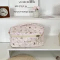 Pink quilted cosmetic bag featuring cute bear patterns, portable travel makeup storage pouch. - Heart Baby Bear