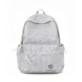 Grey nylon school backpack detail showing front pocket, embroidery design, and large capacity. - Gray