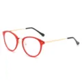 Stylish red round optical glasses frame with thin gold metal temples for daily wear. - Bright Red Blue Light Blocking C15