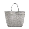 Detailed view of the grey woven tote bag featuring textured straw material and silver handles. - Light Gray