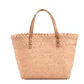 Woven straw tote bag with brown leather handles and metal rivets for casual daily use - Khaki
