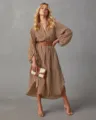 Fall Fashion V-Neck Striped Long Sleeve Midi Dress with Belt for Women Chic Casual Outfit - S / Khaki