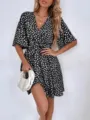 Chic black and white polka dot v-neck short sleeve wrap dress with waist tie for women. - S / Black