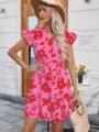 Women summer casual floral print V-neck ruffle sleeve tiered dress fashion apparel - S / Pink