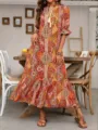 Autumn bohemian print lace-up mid-sleeve ruffle maxi dress for women elegant style. - S / Orange Red