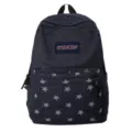 Closeup of the dark blue denim backpack featuring white stripes, star pocket and patch. - Without Pendant / Blue
