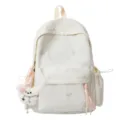 Mochila escolar bordada con lazos, colgante de osito de peluche y bolsillos laterales. - Sin Colgante / Blanco