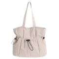 Beige karierte gefaltete Shopper Schultertasche Detail mit weichem Stoff und Kordelzug. - Gebrochenes Weiß
