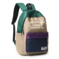 Farbblock-Detailansicht des Studentenrucksacks mit mehrfarbiger Vordertasche. - Einzelne Tasche / Khaki und Grün