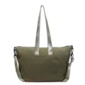 Close-up detail of the olive green nylon tote bag, showing sturdy straps and durable fabric. - Green