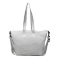 Detail view of grey nylon casual tote bag, featuring sturdy dual top handles and crossbody strap. - Gray