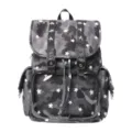 Harajuku style grey camo backpack with star patterns, clear front pocket and studded straps. - Black Camo