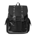 Black Harajuku style student backpack with clear front pocket and star rivet details detail view - Black Nylon