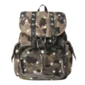Detailed view of the Harajuku style camo backpack with star patterns and metal buckle straps. - Green Camo
