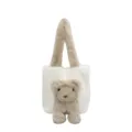 Cute plush fluffy tote bag with 3D animal design, soft large capacity shoulder underarm bag. - White and Khaki