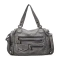 Grey PU leather handbag with multi pockets, stylish shoulder and crossbody bag for women. - Gray