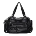 Black PU leather shoulder bag detail, multi-pocket design, soft texture crossbody handbag. - Black