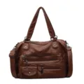 Brown PU leather soft multi-pocket shoulder bag detail, stylish crossbody bag for women. - Brown
