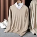 Unisex V-neck knitted sweater with layered white shirt, casual minimalist solid color top. - Khaki