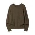 Men's green crew neck cable knit sweater, casual solid long sleeve pullover for autumn. - M / Tops / Army Green