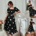Black polka dot dress women short puff sleeve square neck sweet midi dress for summer - S / Black