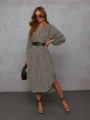 Chic striped long sleeve V-neck midi dress with stylish belt main product showcase - S / Black