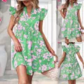 Women Summer Floral Print V-Neck Ruffle Sleeve Casual Tiered Short Mini Dress Green - 2XL / Green Floral Print