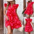 Red pink floral ruffle sleeve V-neck tiered mini dress casual summer women fashion chic outfit - 2XL / Red Printed