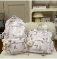 Großes chinesisches Stil-Druck Schüler Rucksack und Handtaschen Set mit niedlichem Bärenanhänger. - Zweiteiliges Set (Mit Anhänger) / Lila
