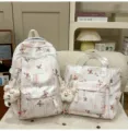 Chinesischer Stil Schmetterlingsdruck Schultasche Set mit Rucksack und süssem Bärenanhänger - Zweiteiliges Set (Mit Anhänger) / Rosa