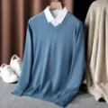 Men's V-neck knit sweater with layered white shirt collar, casual solid long sleeve top. - Blue