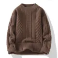 Classic brown cable knit sweater for men and women, cozy long sleeve oversized pullover. - M / Coffee