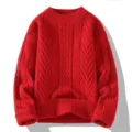 Classic red cable knit sweater for women and men, cozy loose pullover style for autumn. - M / Red