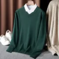 Dark green V-neck knitted sweater for men women, casual solid color fake two-piece long sleeve top. - M / Green