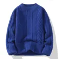 Maglione blu a trecce dal taglio comodo per uomo e donna, top classico a maniche lunghe e collo. - Blu