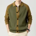 Gilet Polo Tricot Bloc de Couleurs Homme Bouton Manches Longues Pull Veste Vert Marron - M / Kaki