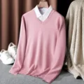 Pink V-neck knit sweater with white shirt collar, casual solid color long sleeve pullover. - Pink