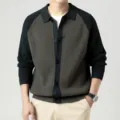 Cardigan en tricot colorblock col polo homme automne hiver pull boutonné veste décontractée - M / Vert Foncé