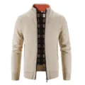 Cardigan zippé d'hiver pour homme col montant avec doublure écossaise et tricot chaud. - Beige