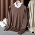 Brown V-neck knit sweater for men and women, stylish casual autumn winter pullover. - Coffee