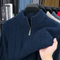 Pull zippé col montant bleu foncé pour homme, grosse maille torsadée chaude et décontractée - Bleu foncé coloré